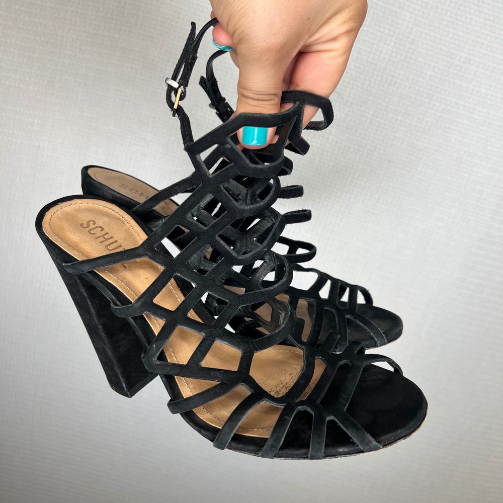Schutz Black Suede Cage Block Heel Sandals Size 7.5B Geometric Strappy Brazil
